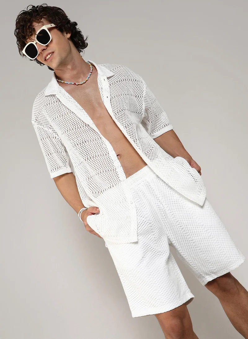 Campus Sutra Men's Chalk White Oversized Knit Co-Ord SetFor Casual Wear | Spread Collar | Short Sleeve | Button Closure | Co-Ords Crafted With Comfort Fit For Everyday Wear